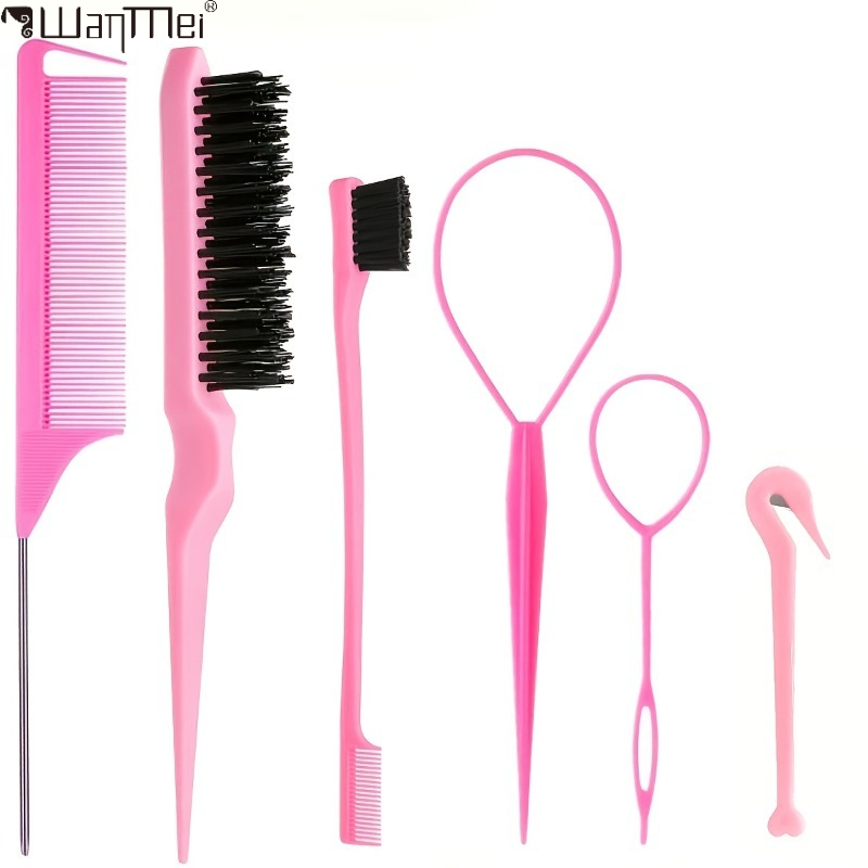 Brush Bristle Set - ชุดอุปกรณ์จัดแต่งทรงผมระดับมืออาชีพ 6 ชิ้น - หวีหางหนู, แปรงขนแปรง,